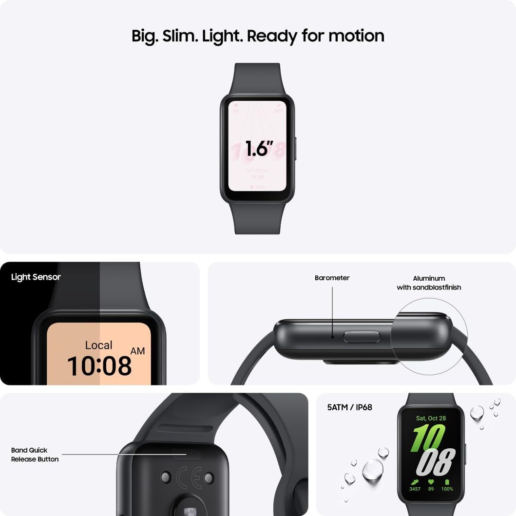Samsung Galaxy Fit3, Smart Watch, Fitness Tracker, Health Monitoring, Black, 3 Year Samsung Extended Warranty (UK Version)