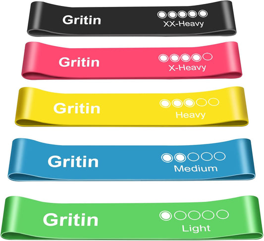 Gritin Resistance Bands, Set of 5 Skin-Friendly Resistance Fitness Exercise Loop Bands with 5 Different Strength Levels - Carrying Case Included - Ideal for Home, Gym, Yoga, Training