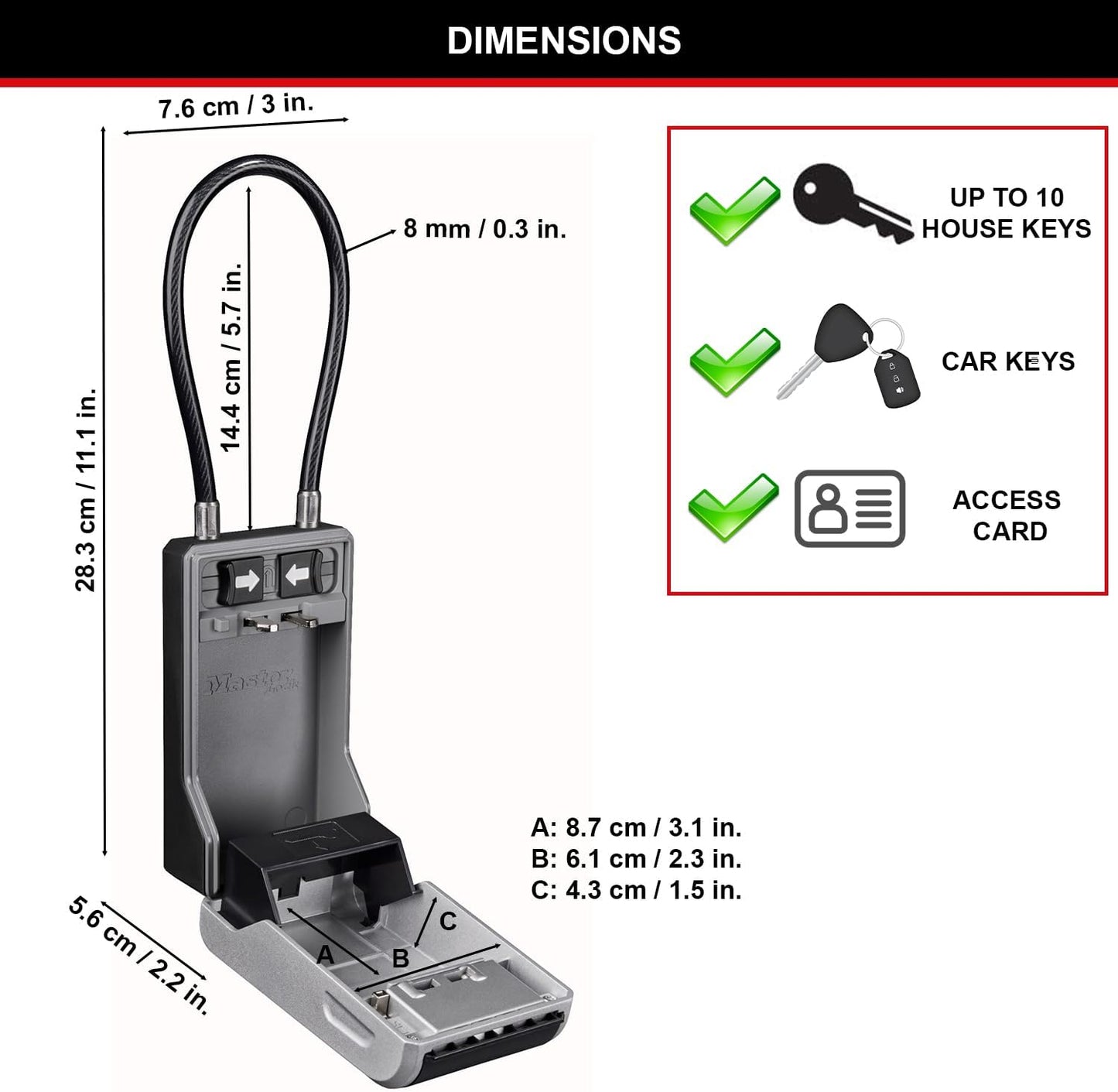 Master Lock 5482EURD Key Safe with New Innovative Design, Flexible Cable Shackle, Capacity, High Security, Grey, Extra Large