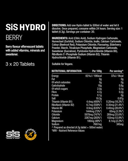 Science in Sport Hydro Electrolyte Tablets 20 pcs. Berry – Vegan & Gluten-Free, Ideal to Promote Hydration and Maintain Electrolytes Balance (Packaging May Vary)