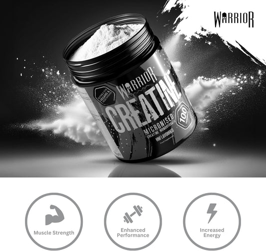 Warrior Creatine Monohydrate Powder – Micronised for Easy Mixing and Consumption – 100 Percent Pure Creatine – Proven to Improve Physical Performance and Recovery, 5 g Servings (Unflavoured, 500g)