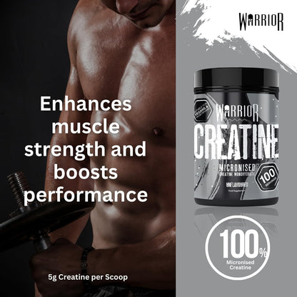 Warrior Creatine Monohydrate Powder – Micronised for Easy Mixing and Consumption – 100 Percent Pure Creatine – Proven to Improve Physical Performance and Recovery, 5 g Servings (Unflavoured, 500g)