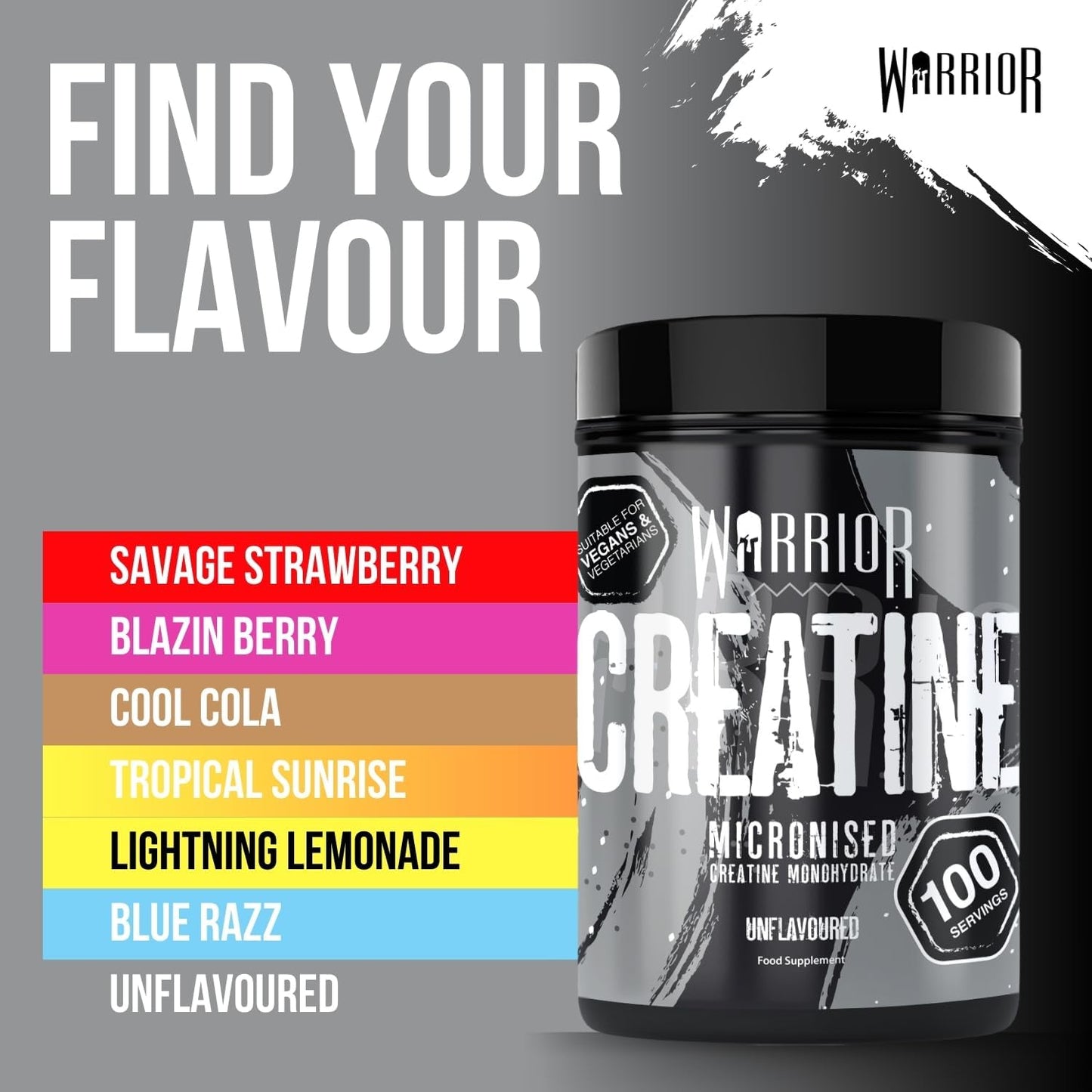 Warrior Creatine Monohydrate Powder – Micronised for Easy Mixing and Consumption – 100 Percent Pure Creatine – Proven to Improve Physical Performance and Recovery, 5 g Servings (Unflavoured, 500g)