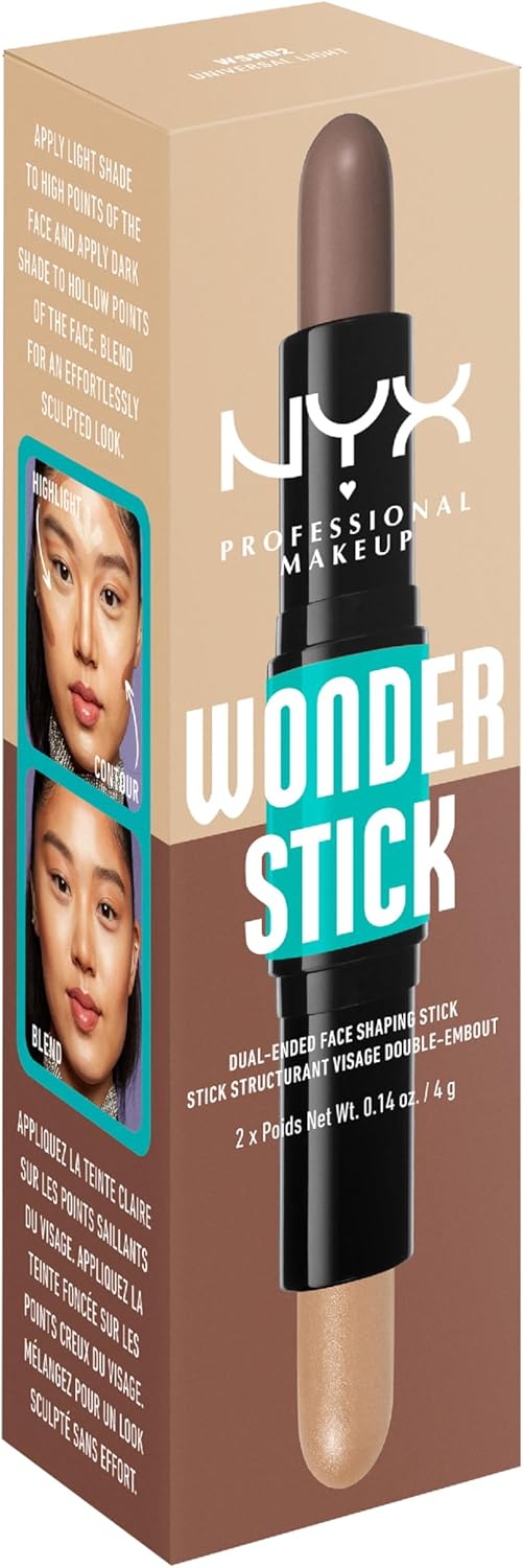 NYX Professional Makeup Highlight & Contour Stick, Dual-Ended Contour Stick, Shapes and Brightens, Blendable & Vegan, Wonder Stick, Universal Light