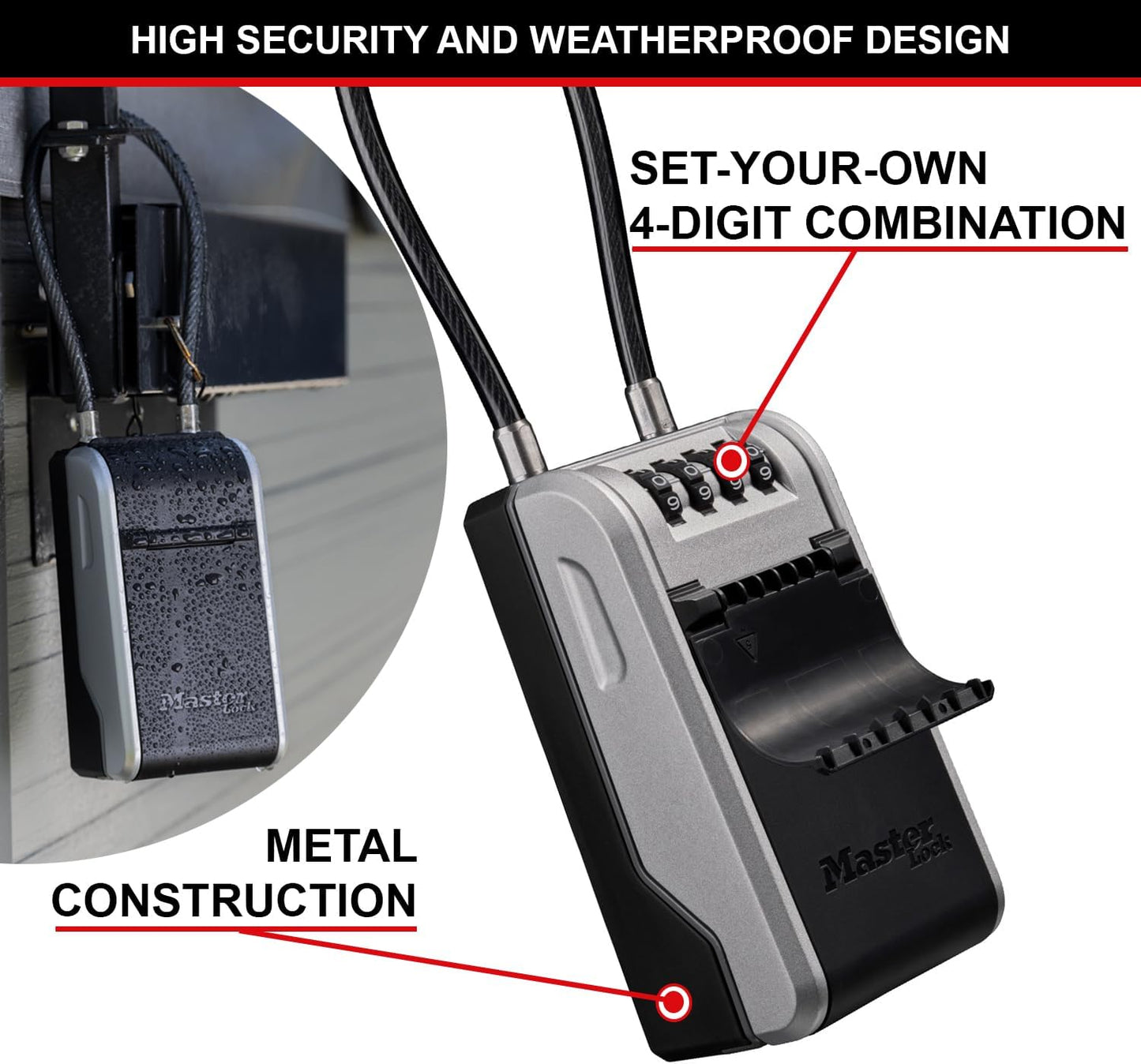 Master Lock 5482EURD Key Safe with New Innovative Design, Flexible Cable Shackle, Capacity, High Security, Grey, Extra Large