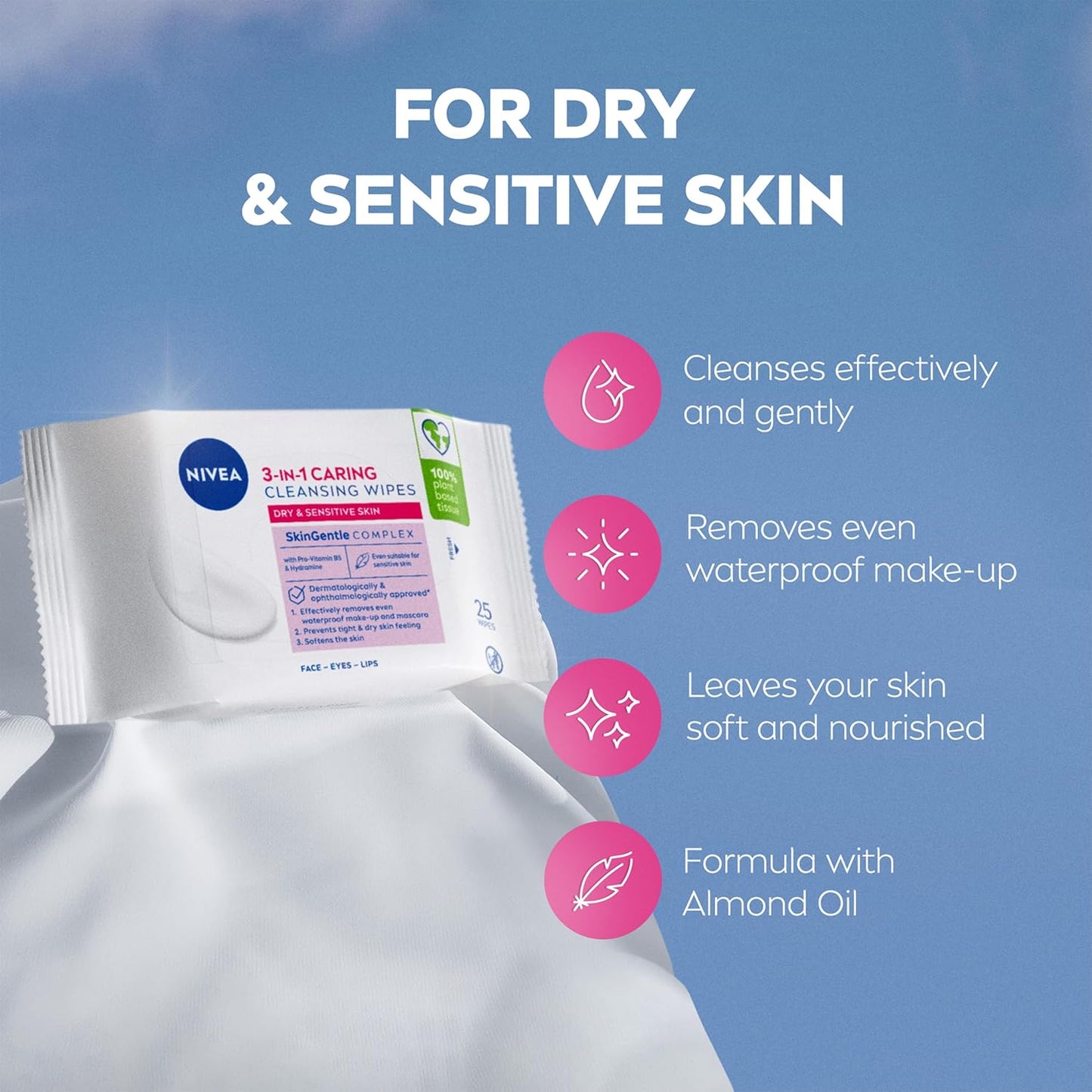 NIVEA 3in1 Caring Cleansing Wipes Dry Skin (25 Wipes), Plant-Based Makeup Remover Wipes, Face Wipes for Dry Skin, Gentle yet Effective Makeup Removal