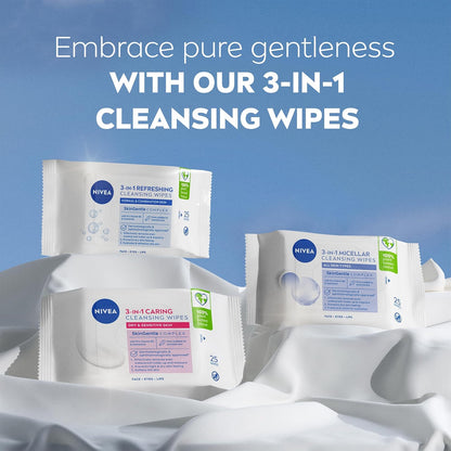NIVEA 3in1 Caring Cleansing Wipes Dry Skin (25 Wipes), Plant-Based Makeup Remover Wipes, Face Wipes for Dry Skin, Gentle yet Effective Makeup Removal